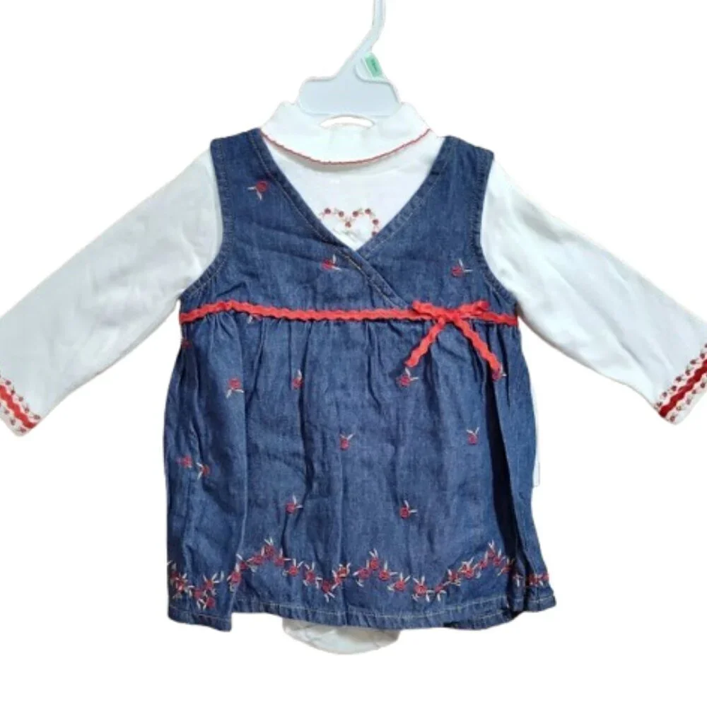Baby Headquarters YK 2 Piece Set 18 Months Denim Dress & Snap Bottom Top NWT